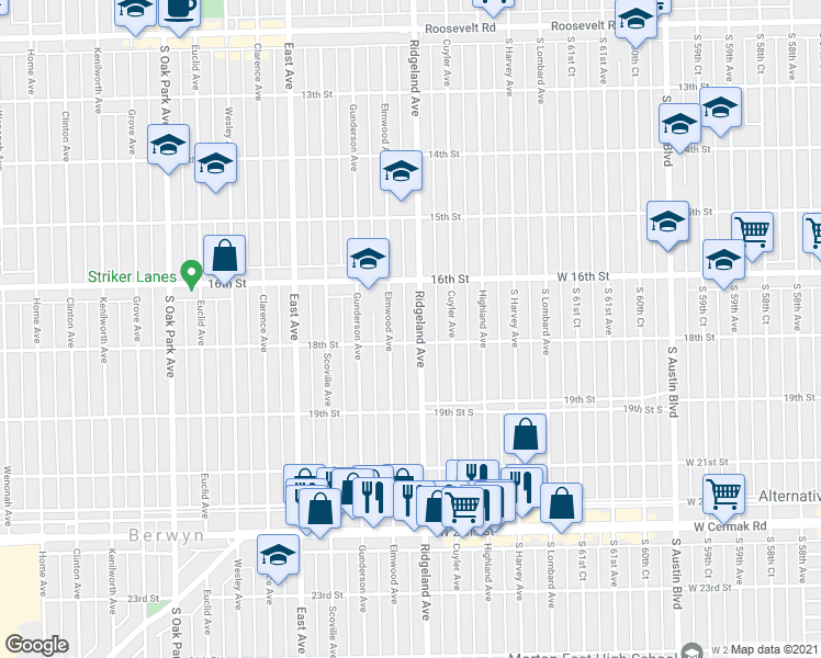 map of restaurants, bars, coffee shops, grocery stores, and more near 1801 Elmwood Avenue in Berwyn