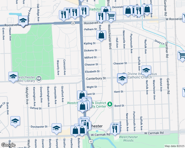 map of restaurants, bars, coffee shops, grocery stores, and more near 1031 Canterbury Street in Westchester