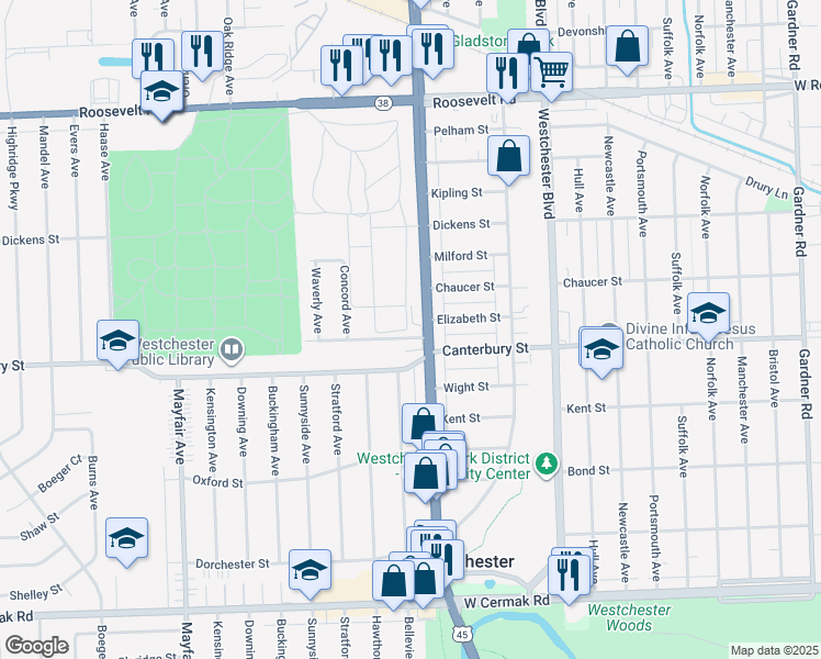 map of restaurants, bars, coffee shops, grocery stores, and more near 10431 Waterford Drive in Westchester