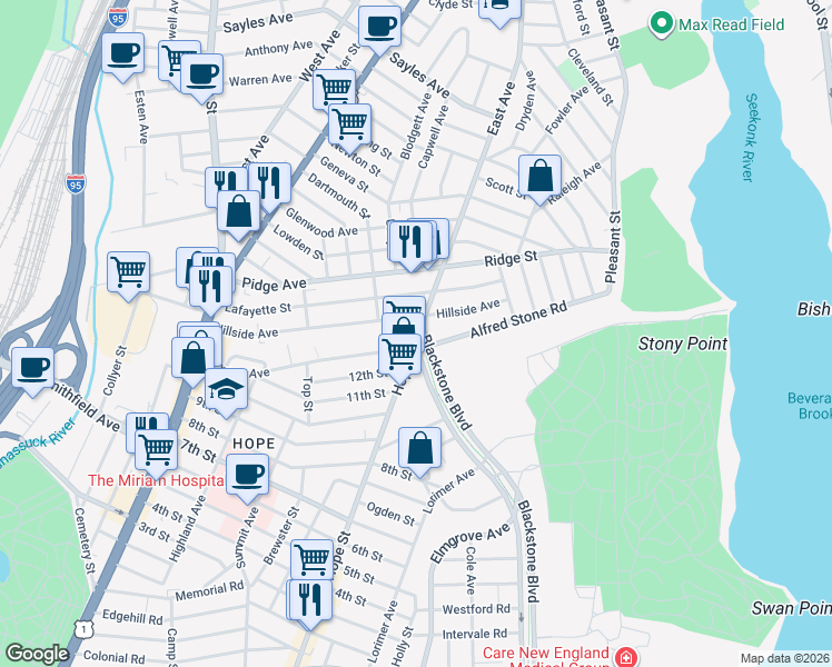 map of restaurants, bars, coffee shops, grocery stores, and more near Blackstone Boulevard Path in Providence