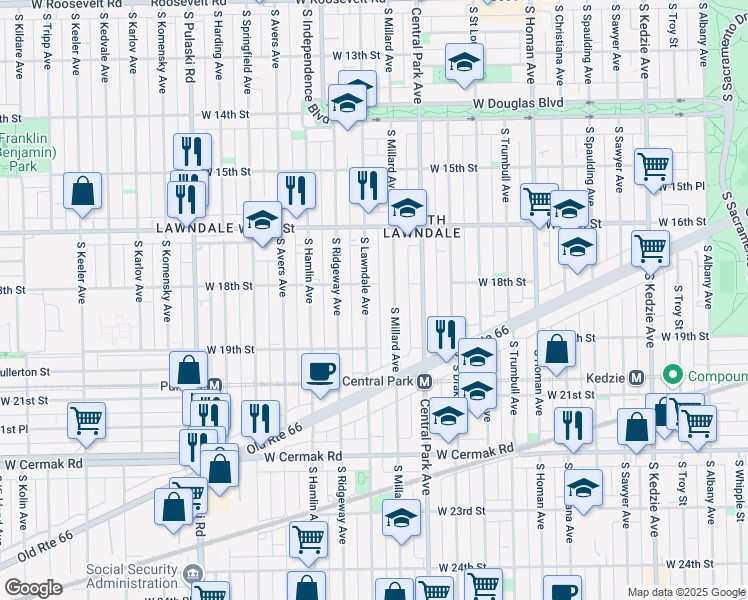 map of restaurants, bars, coffee shops, grocery stores, and more near 1837 South Lawndale Avenue in Chicago