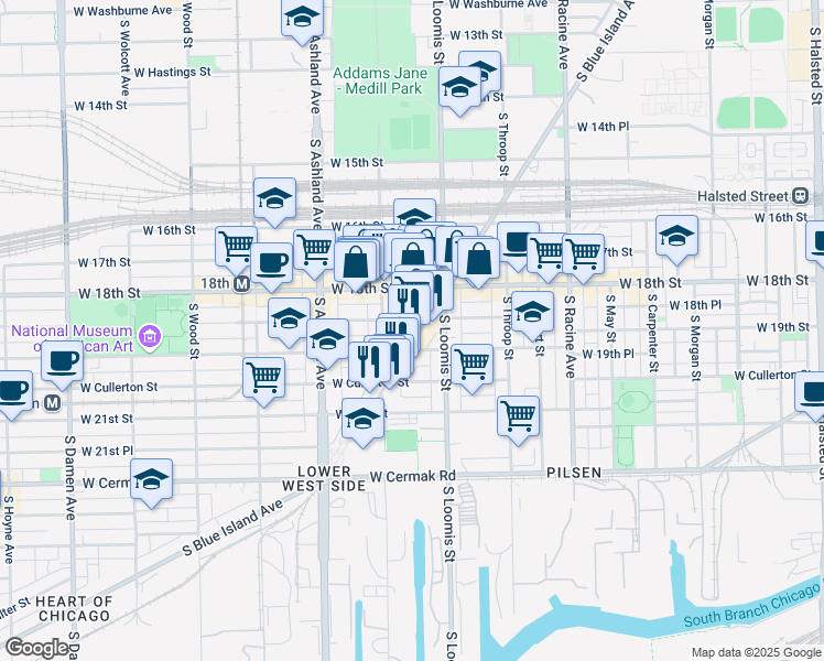 map of restaurants, bars, coffee shops, grocery stores, and more near 1900 South Blue Island Avenue in Chicago