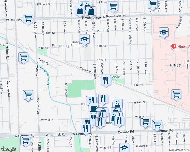 map of restaurants, bars, coffee shops, grocery stores, and more near 2600 South 17th Avenue in Broadview