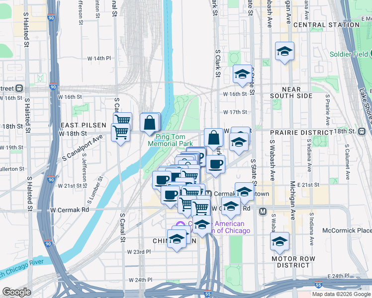 map of restaurants, bars, coffee shops, grocery stores, and more near 300 West 19th Street in Chicago