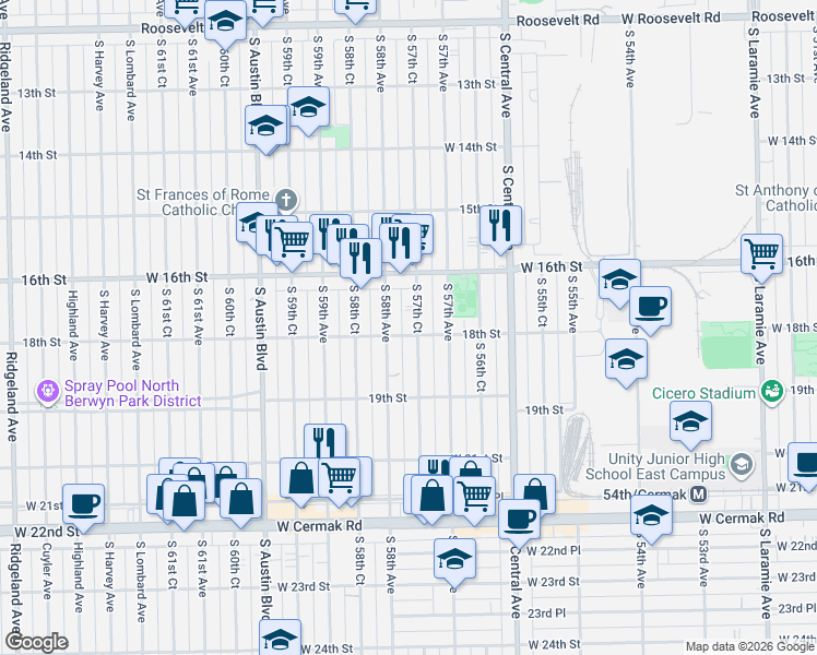 map of restaurants, bars, coffee shops, grocery stores, and more near 1810 South 57th Court in Cicero