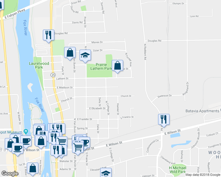 map of restaurants, bars, coffee shops, grocery stores, and more near 616 East Madison Street in Batavia