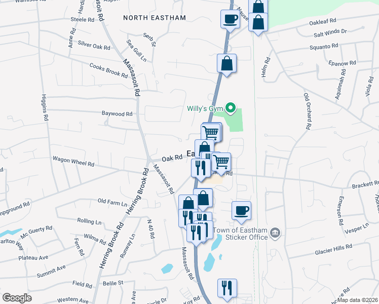 map of restaurants, bars, coffee shops, grocery stores, and more near 35 Oak Road in Eastham