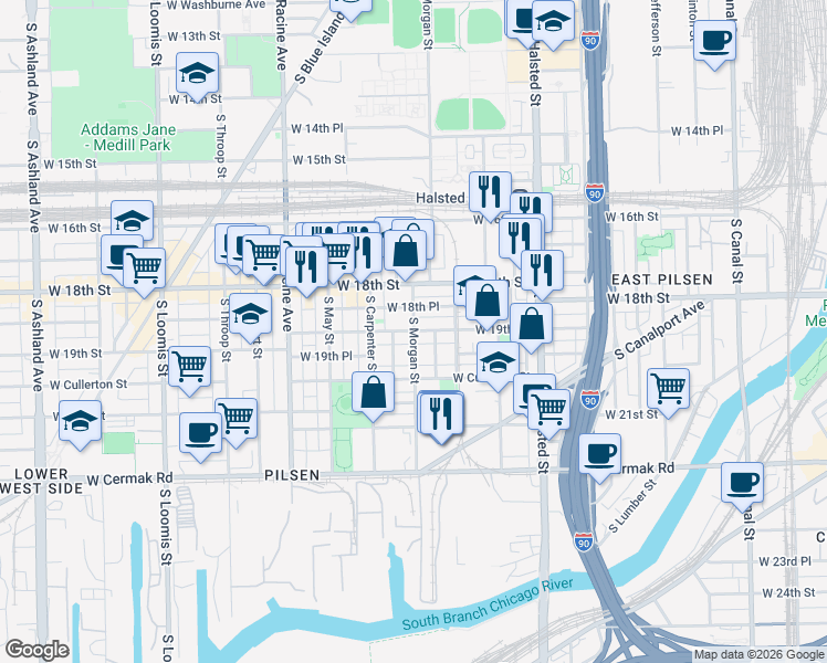 map of restaurants, bars, coffee shops, grocery stores, and more near South Morgan Street & West 19th Street in Chicago
