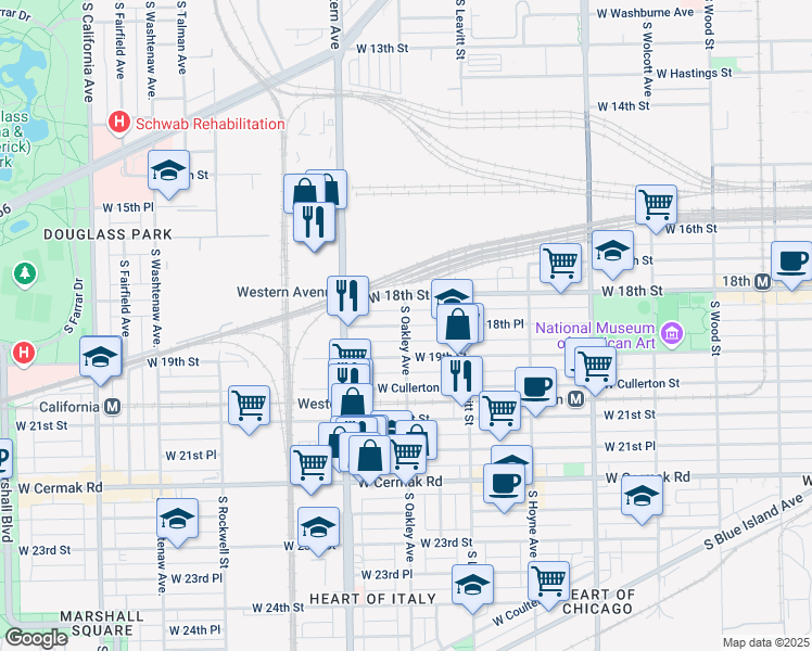 map of restaurants, bars, coffee shops, grocery stores, and more near South Oakley Avenue & West 18th Place in Chicago
