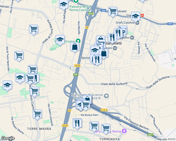 map of restaurants, bars, coffee shops, grocery stores, and more near 40 Via Cesare Aureli in Roma