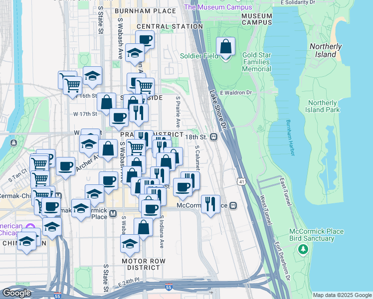 map of restaurants, bars, coffee shops, grocery stores, and more near 1920 South Calumet Avenue in Chicago