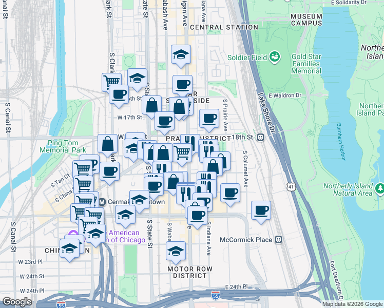 map of restaurants, bars, coffee shops, grocery stores, and more near 1925 Michigan Avenue in Chicago