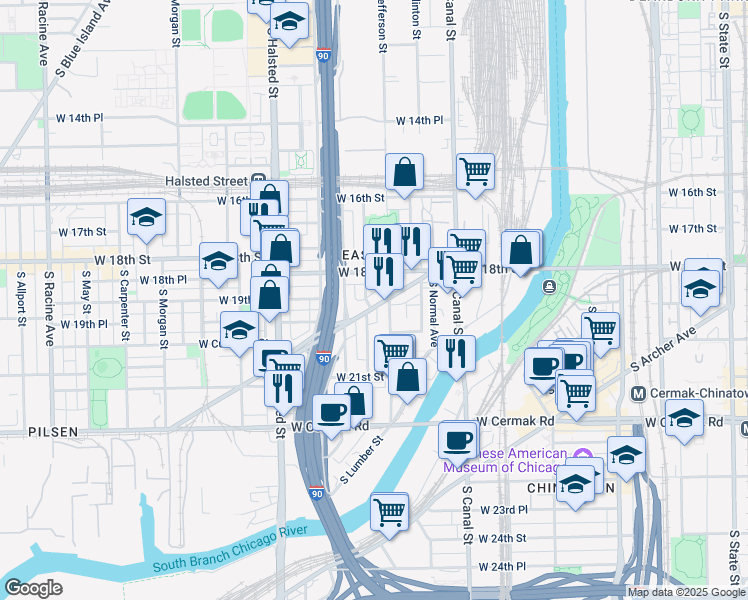 map of restaurants, bars, coffee shops, grocery stores, and more near 1924 South Jefferson Street in Chicago