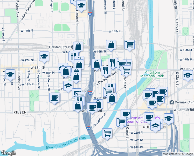 map of restaurants, bars, coffee shops, grocery stores, and more near 1949 South Canalport Avenue in Chicago