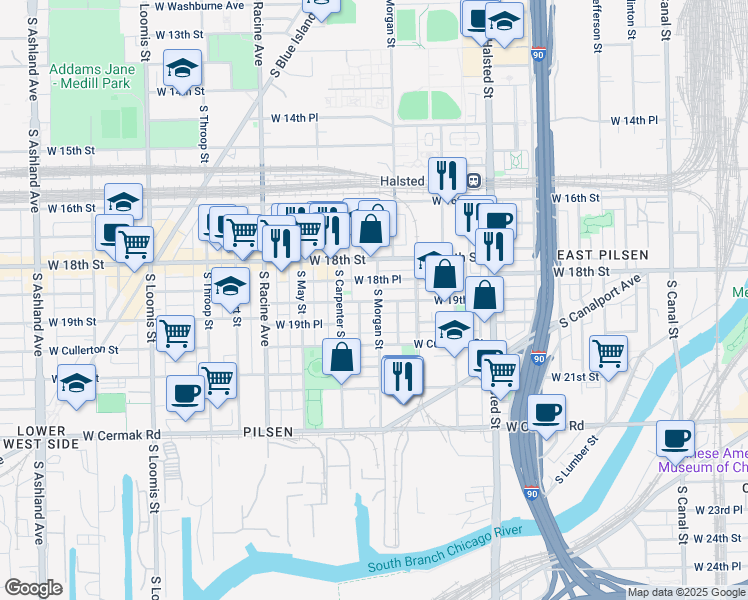 map of restaurants, bars, coffee shops, grocery stores, and more near 1922 South Shelby Court in Chicago