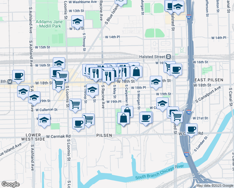 map of restaurants, bars, coffee shops, grocery stores, and more near 1120 West 19th Place in Chicago