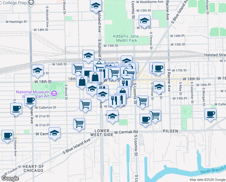 map of restaurants, bars, coffee shops, grocery stores, and more near 1519 West 19th Street in Chicago