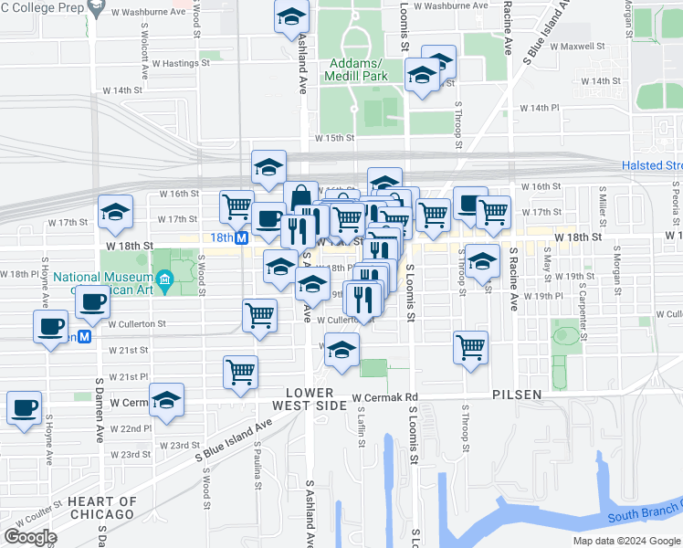 map of restaurants, bars, coffee shops, grocery stores, and more near 1519 West 19th Street in Chicago