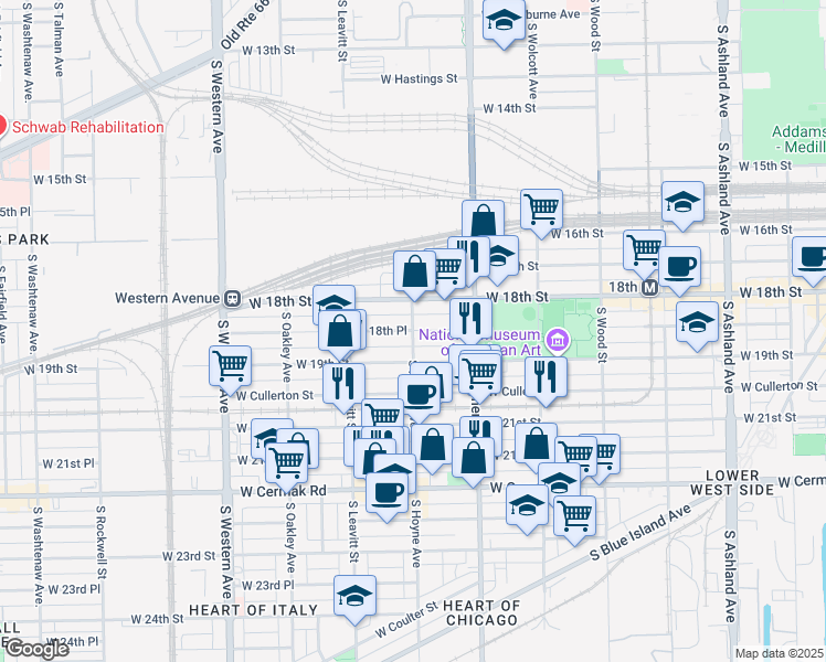 map of restaurants, bars, coffee shops, grocery stores, and more near 2054 West 19th Street in Chicago