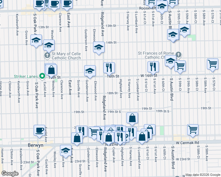 map of restaurants, bars, coffee shops, grocery stores, and more near 1800 Cuyler Avenue in Berwyn