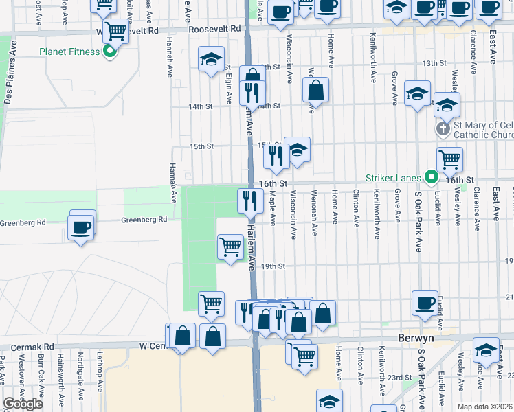 map of restaurants, bars, coffee shops, grocery stores, and more near 1730 South Harlem Avenue in North Riverside