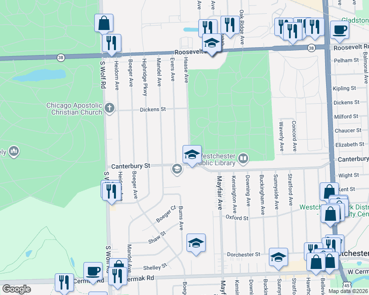 map of restaurants, bars, coffee shops, grocery stores, and more near 1545 Evers Avenue in Westchester