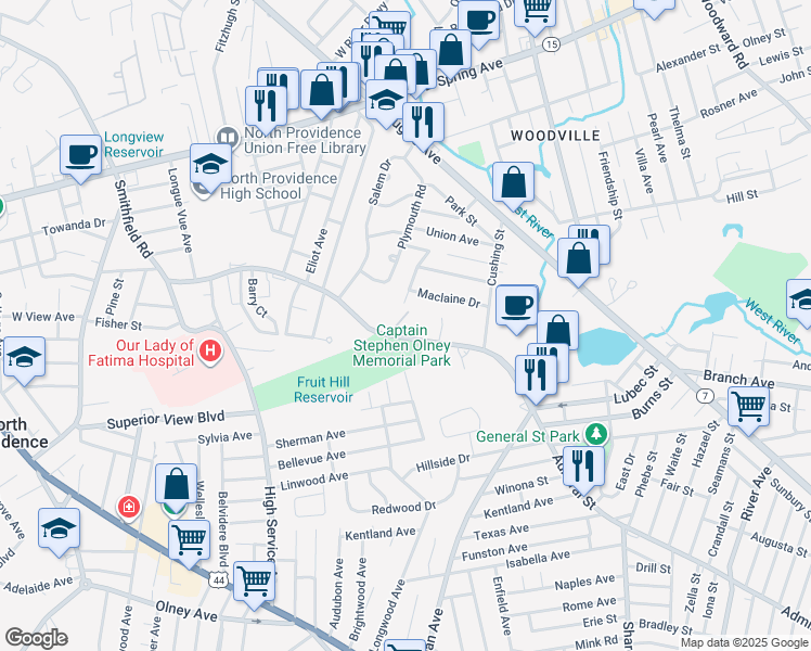 map of restaurants, bars, coffee shops, grocery stores, and more near 145 Smithfield Road in Providence