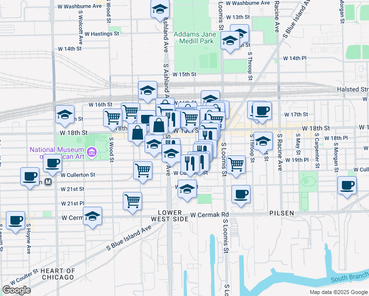 map of restaurants, bars, coffee shops, grocery stores, and more near 1521 West 18th Place in Chicago