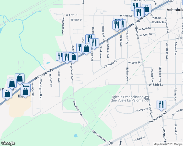 map of restaurants, bars, coffee shops, grocery stores, and more near 1606 Perryville Place in Ashtabula