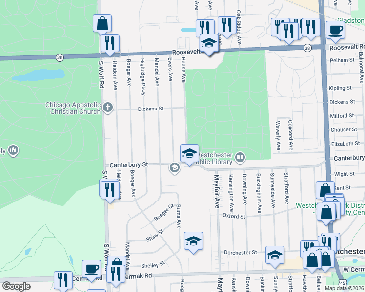 map of restaurants, bars, coffee shops, grocery stores, and more near 1545 Evers Avenue in Westchester