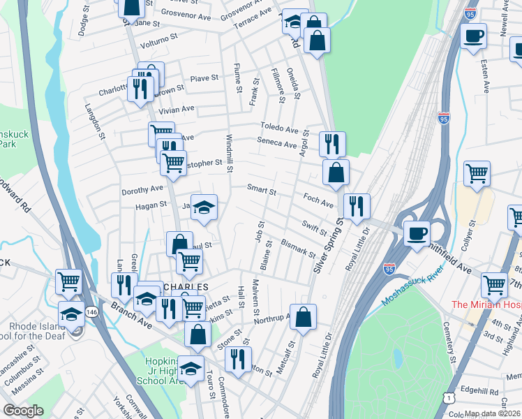 map of restaurants, bars, coffee shops, grocery stores, and more near 73 Smart Street in Providence