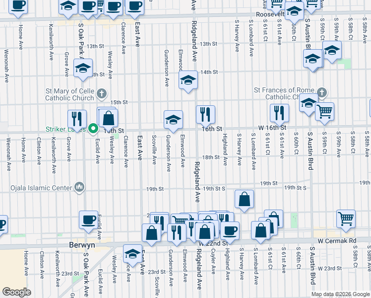 map of restaurants, bars, coffee shops, grocery stores, and more near 1611 Elmwood Avenue in Berwyn