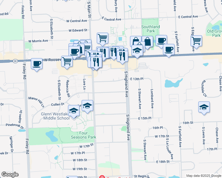 map of restaurants, bars, coffee shops, grocery stores, and more near 111 East 13th Place in Lombard
