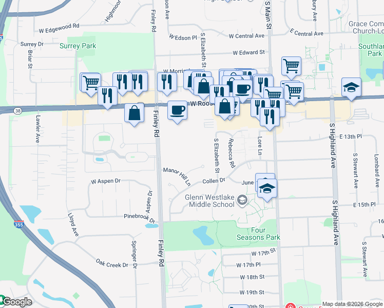 map of restaurants, bars, coffee shops, grocery stores, and more near 1321 South Finley Road in Lombard