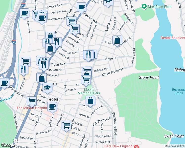 map of restaurants, bars, coffee shops, grocery stores, and more near 771 Blackstone Boulevard in Providence