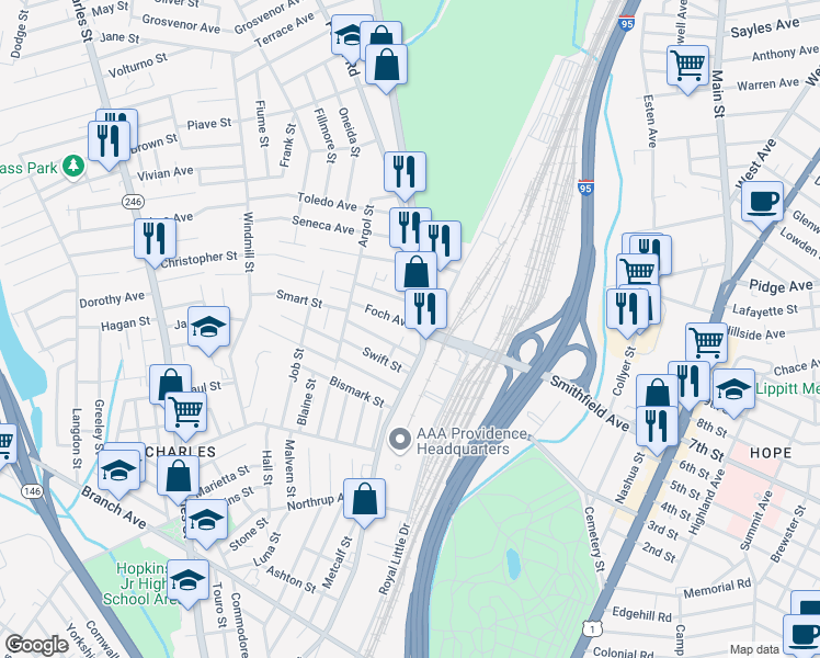 map of restaurants, bars, coffee shops, grocery stores, and more near 12 Foch Avenue in Providence