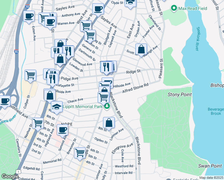 map of restaurants, bars, coffee shops, grocery stores, and more near 729 East Avenue in Pawtucket