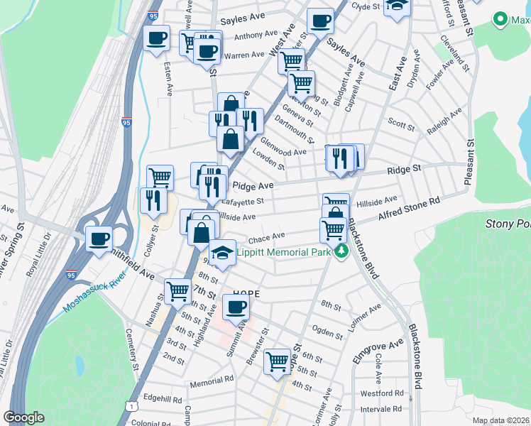 map of restaurants, bars, coffee shops, grocery stores, and more near 211 Lafayette Street in Pawtucket