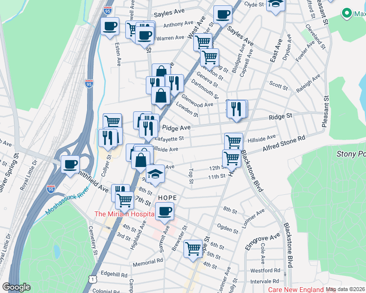 map of restaurants, bars, coffee shops, grocery stores, and more near 259 Lafayette Street in Pawtucket