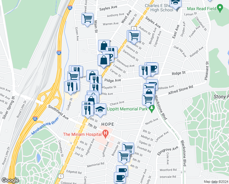 map of restaurants, bars, coffee shops, grocery stores, and more near 259 Lafayette Street in Pawtucket