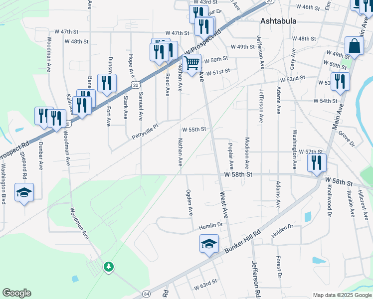 map of restaurants, bars, coffee shops, grocery stores, and more near 5520 Nathan Avenue in Ashtabula