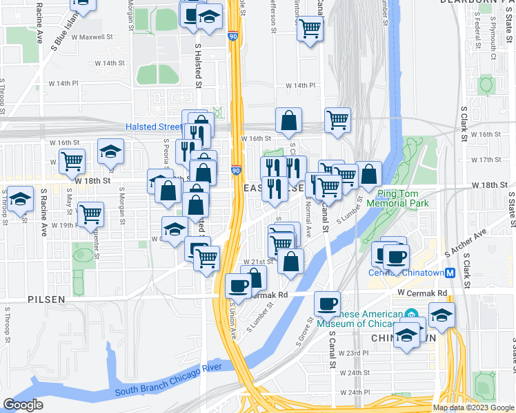 map of restaurants, bars, coffee shops, grocery stores, and more near in Chicago