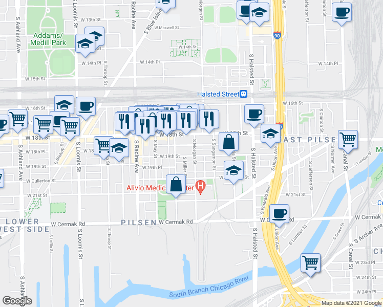 map of restaurants, bars, coffee shops, grocery stores, and more near 1020 West 18th Place in Chicago