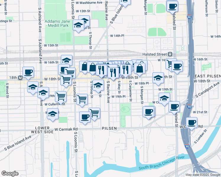 map of restaurants, bars, coffee shops, grocery stores, and more near 1157 West 18th Street in Chicago