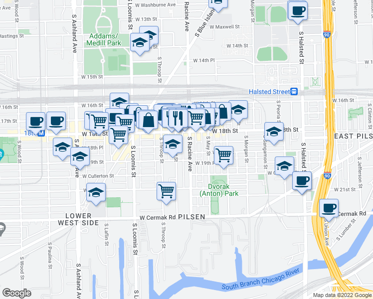 map of restaurants, bars, coffee shops, grocery stores, and more near 1813 South Allport Street in Chicago