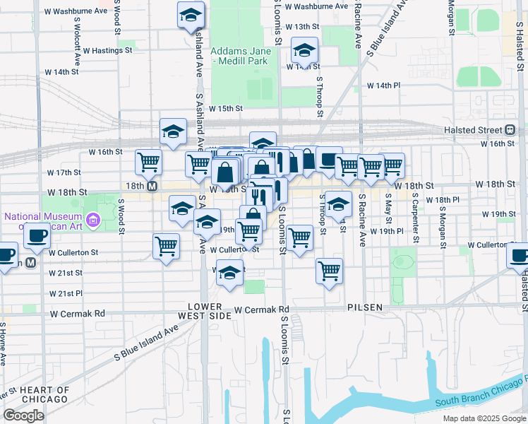 map of restaurants, bars, coffee shops, grocery stores, and more near 1443 West 18th Street in Chicago