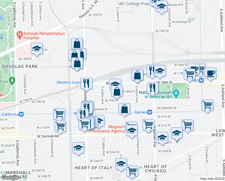 map of restaurants, bars, coffee shops, grocery stores, and more near 2239 West 18th Street in Chicago