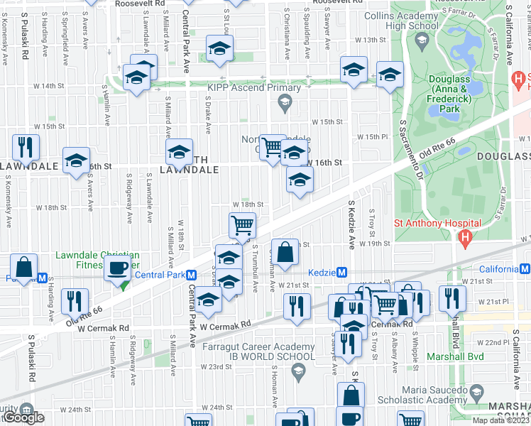 map of restaurants, bars, coffee shops, grocery stores, and more near 1651 South Trumbull Avenue in Chicago