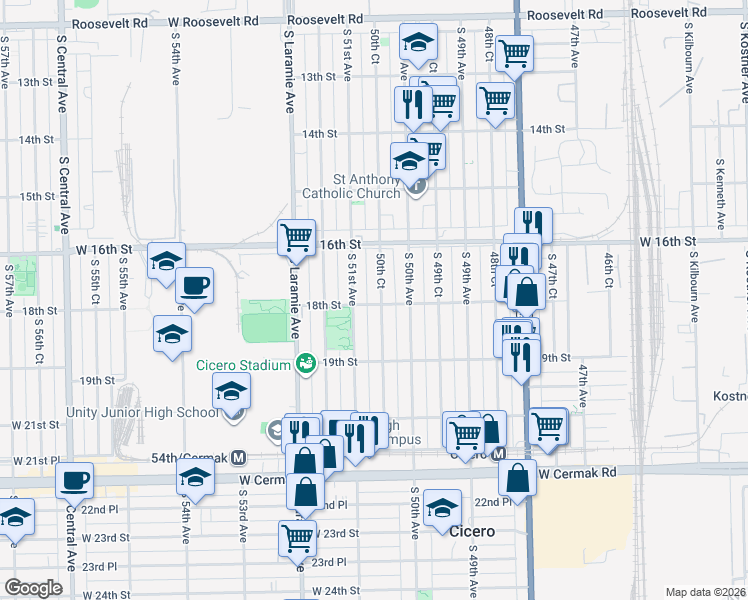 map of restaurants, bars, coffee shops, grocery stores, and more near 1623 South 51st Avenue in Cicero
