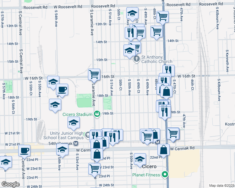 map of restaurants, bars, coffee shops, grocery stores, and more near 1623 South 51st Avenue in Cicero